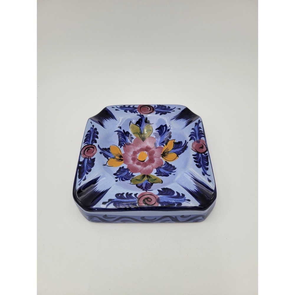 Vintage Vestal Alcobaca Portugal Hand Painted Blue Floral Ashtray #631 - Picture 2 of 9